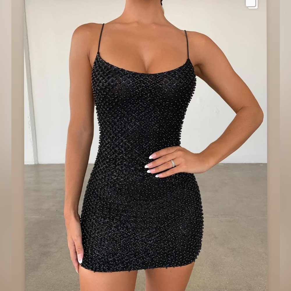 Oh Polly embellished drop a glint black mini dress